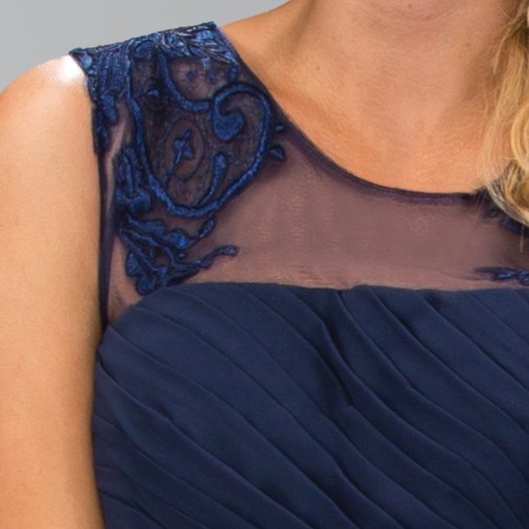 NEW LONG SLEEVELESS A-LINE CHIFFON DRESS WITH ILLUSION SCOOP NECKLINE GL1375 - Picture 9 of 9